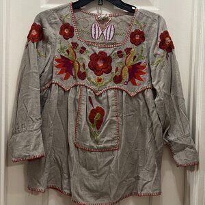 Sister Mary Womens Embroidered Top XS Gray Floral 3/4 Balloon Sleeve Blouse Boho